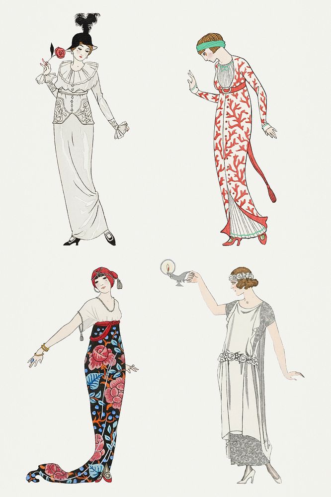 Vintage feminine fashion psd set 19th century style, remix from artworks by George Barbier
