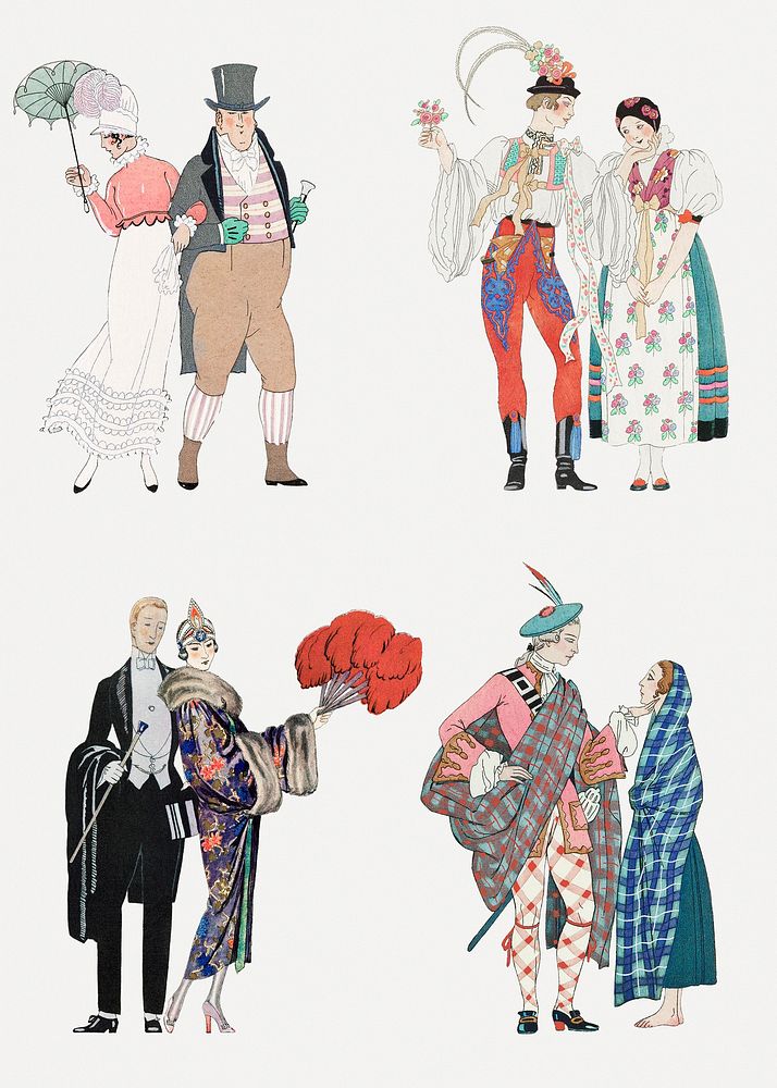 Traditional Parisian fashion set, remix from artworks by George Barbier
