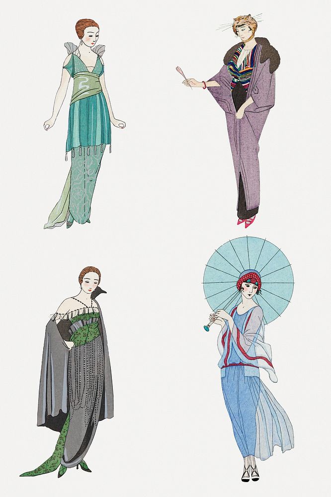 Vintage feminine 1920's fashion set, remix from artworks by George Barbier