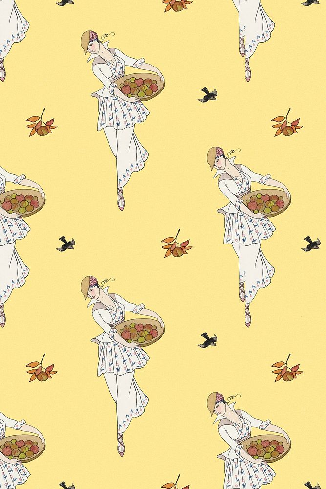 Woman picking apple background 1920's fashion, remix from artworks by George Barbier