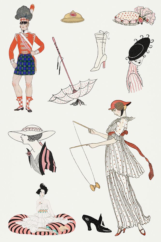 Vintage feminine fashion psd 19th century style set, remix from artworks by George Barbier