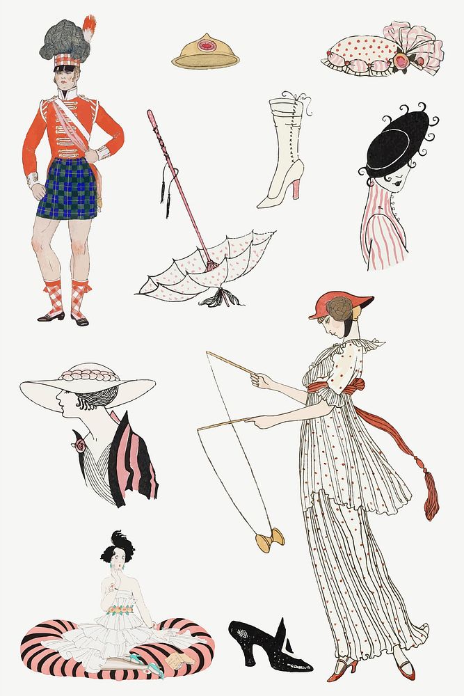 Vintage vector 19th century fashion set, remix from artworks by George Barbier