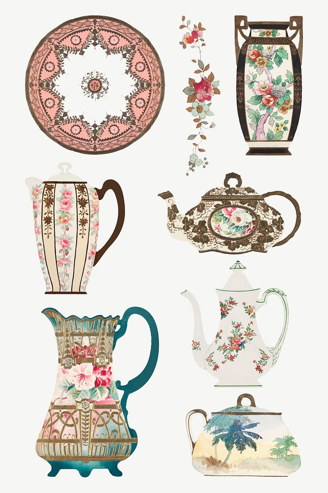 Vintage floral pattern on vector tableware set, remixed from Noritake factory china porcelain design