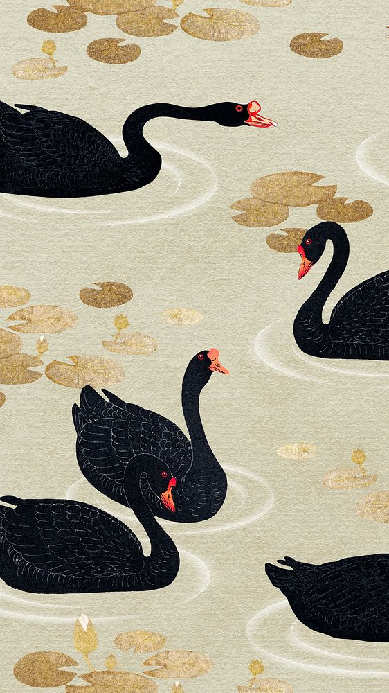 Swimming black geese with gold lotus pattern on a beige phone wallpaper illustration