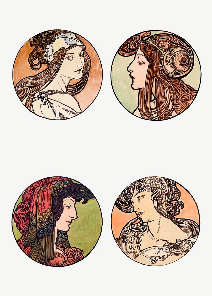 Woman art nouveau illustration vector set, remixed from the artworks of Alphonse Maria Mucha