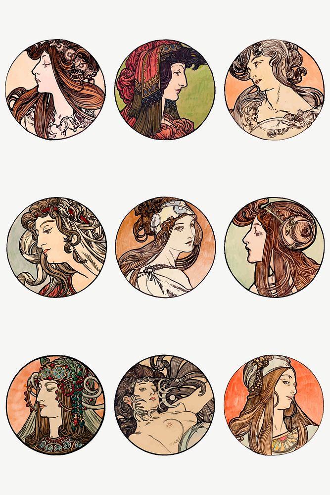 Woman art nouveau illustration vector set, remixed from the artworks of Alphonse Maria Mucha