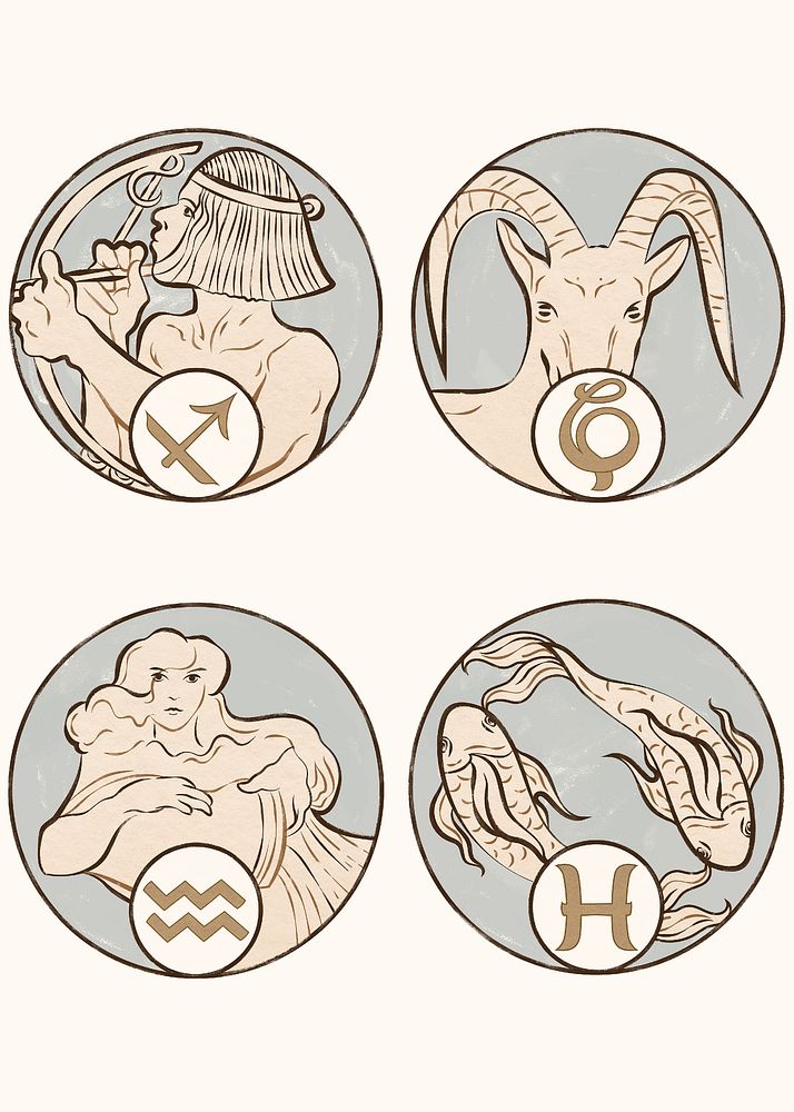 Art nouveau sagittarius, capricorn, aquarius and pisces zodiac signs, remixed from the artworks of Alphonse Maria Mucha