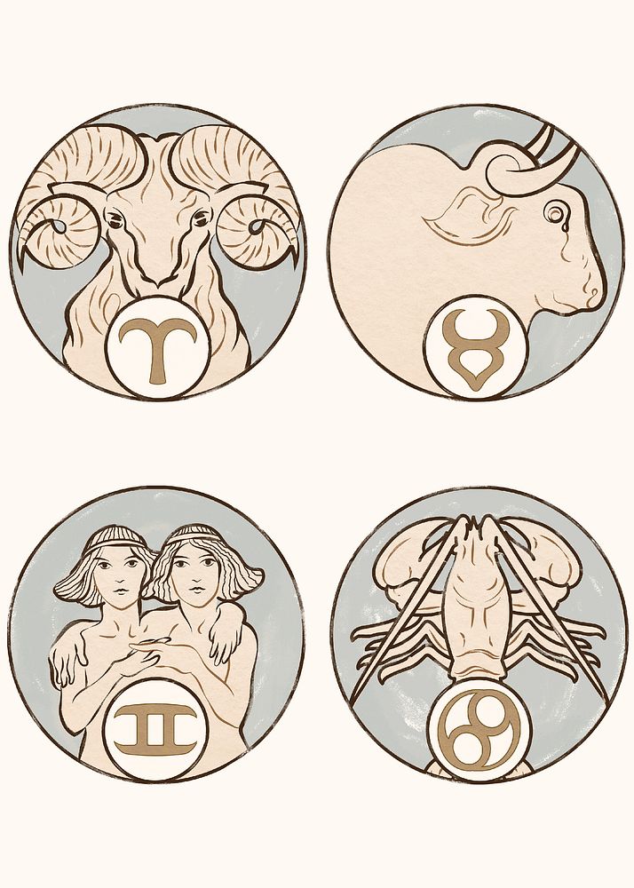 Art nouveau aries, taurus, gemini and cancer zodiac signs, remixed from the artworks of Alphonse Maria Mucha