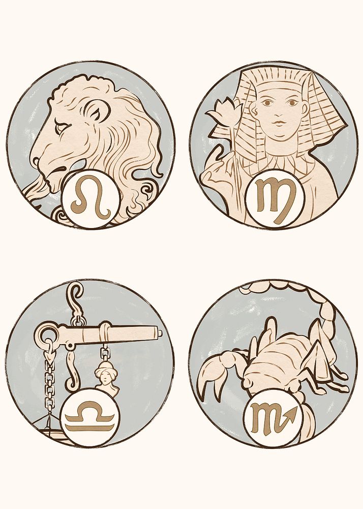 Art nouveau leo, virgo, libra and scorpio zodiac signs, remixed from the artworks of Alphonse Maria Mucha
