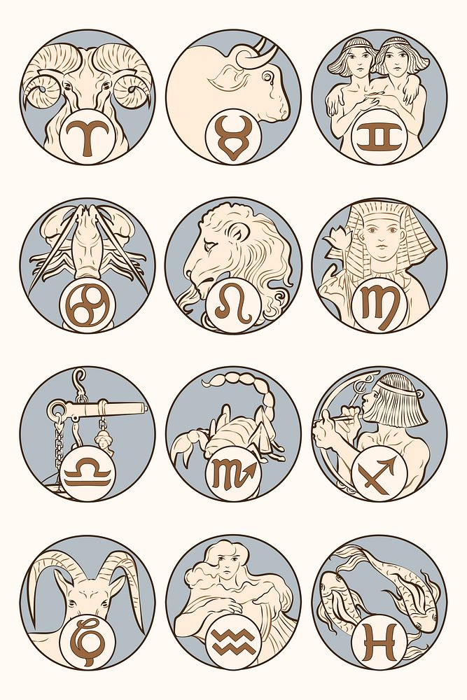 Art nouveau 12zodiac signs vector, remixed from the artworks of Alphonse Maria Mucha
