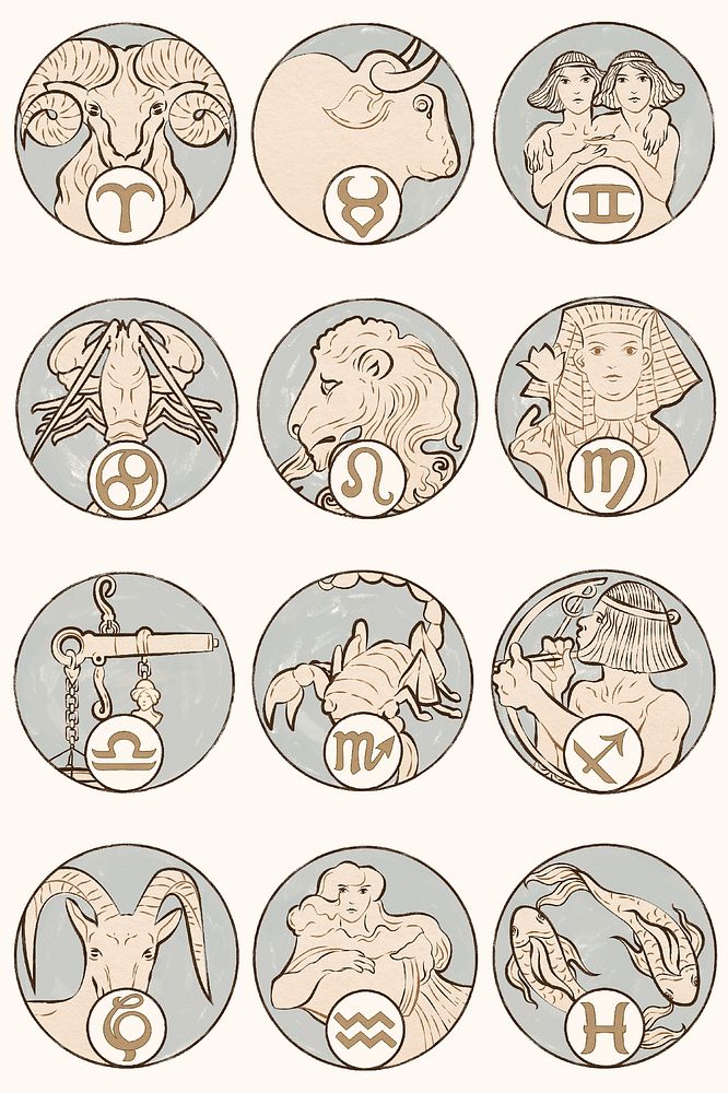Art nouveau 12 astrological signs psd, remixed from the artworks of Alphonse Maria Mucha