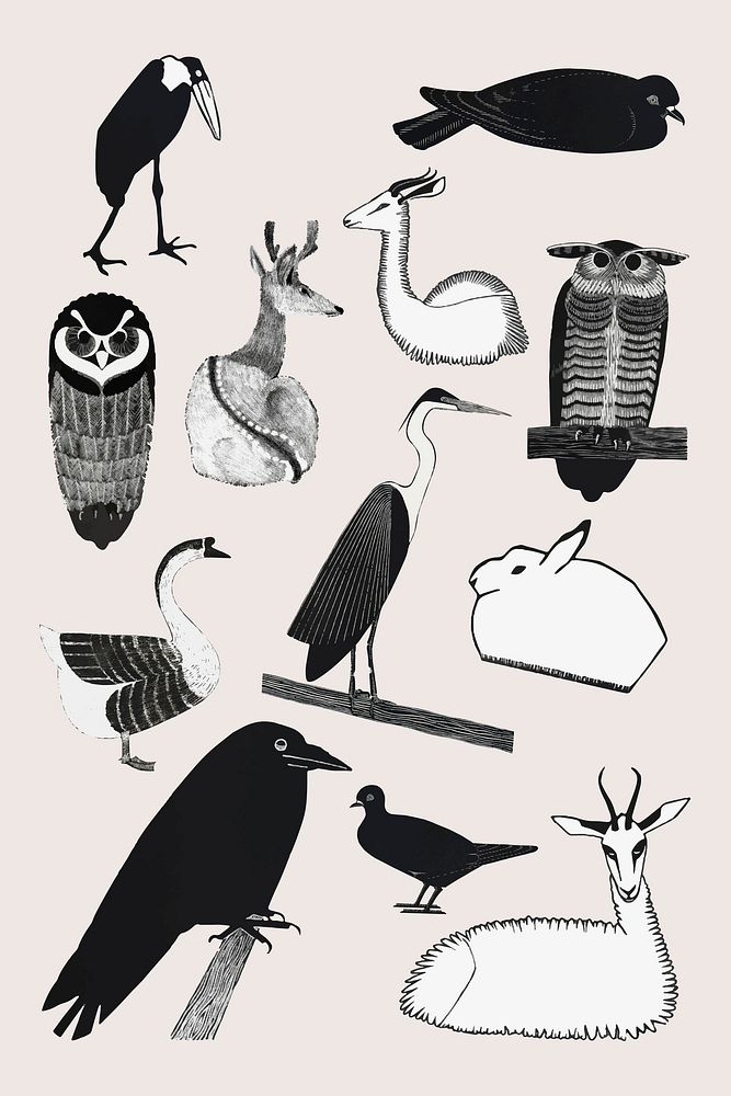 Vintage animal art print set vector, remix from artworks by Samuel Jessurun de Mesquita