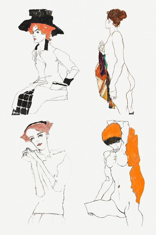 Vintage woman line art drawing set remixed from the artworks of Egon Schiele.