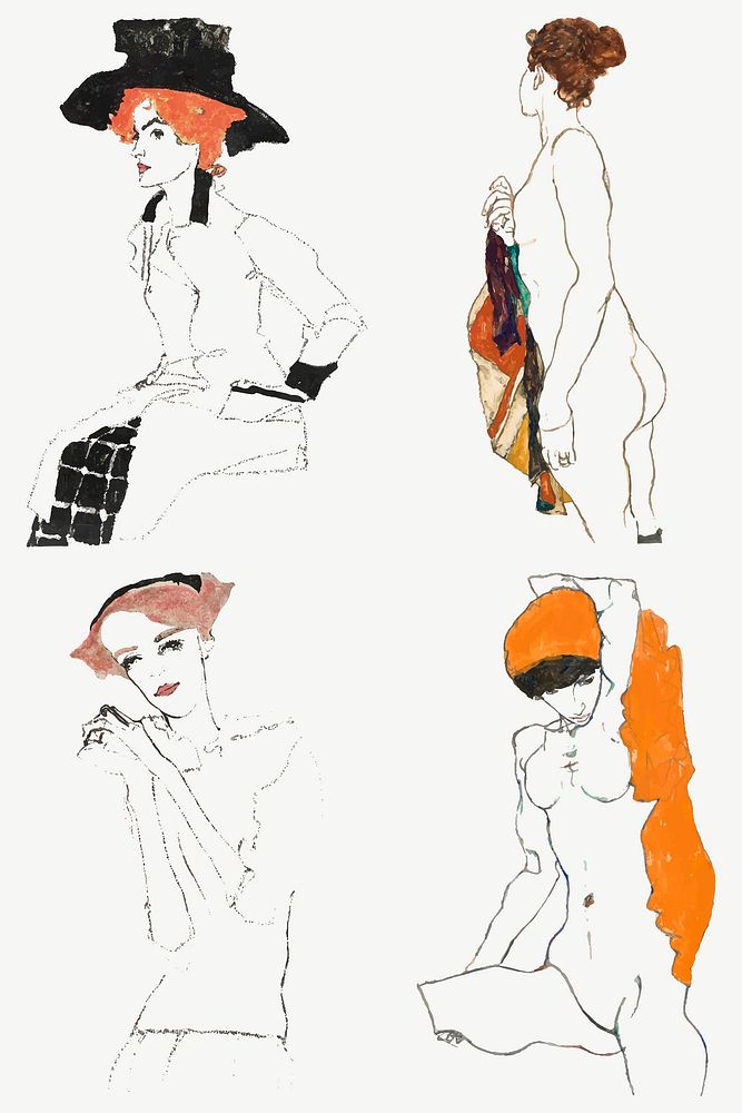 Vintage woman line art drawing vector set remixed from the artworks of Egon Schiele.
