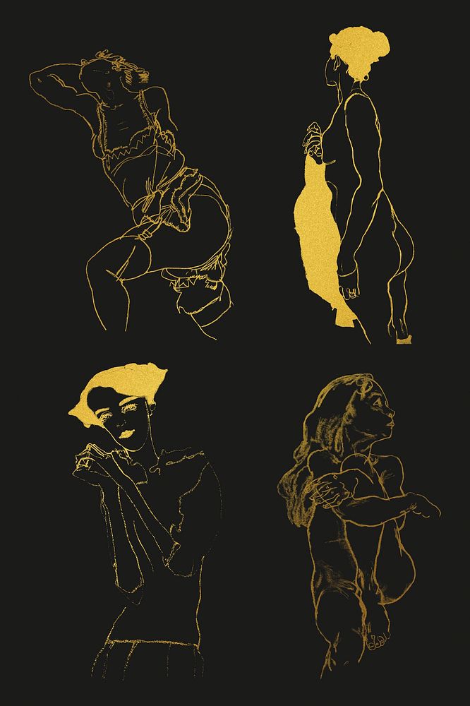 Golden woman line drawing collection remixed from the artworks of Egon Schiele.