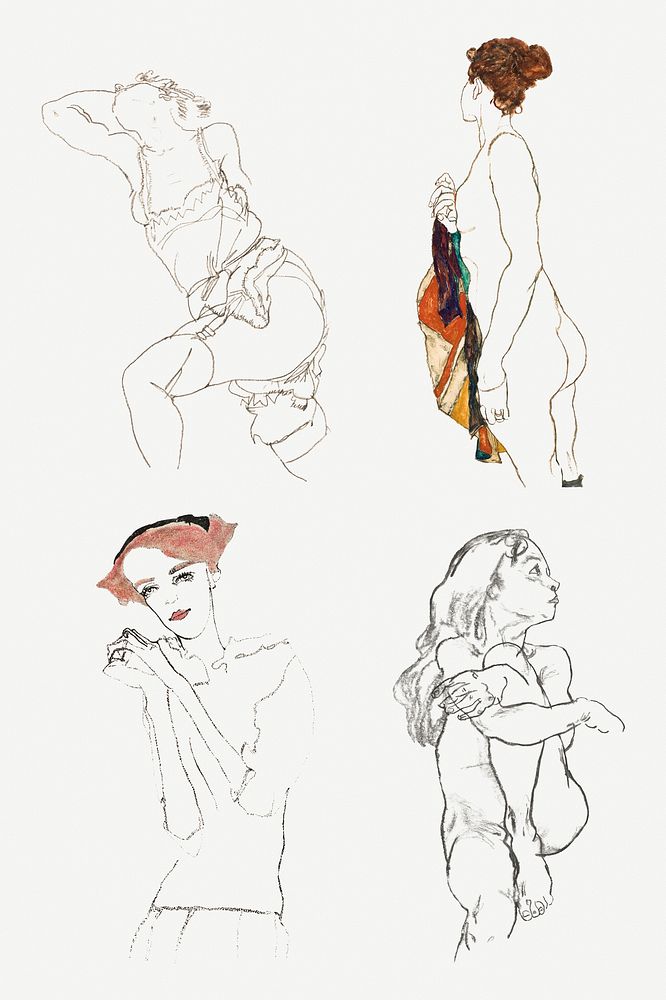 Vintage woman line art drawing set remixed from the artworks of Egon Schiele.