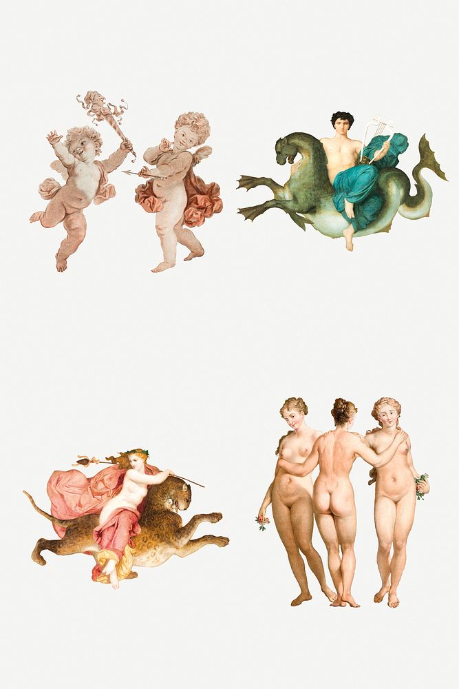 Vintage cupid, gods and nude woman illustration set
