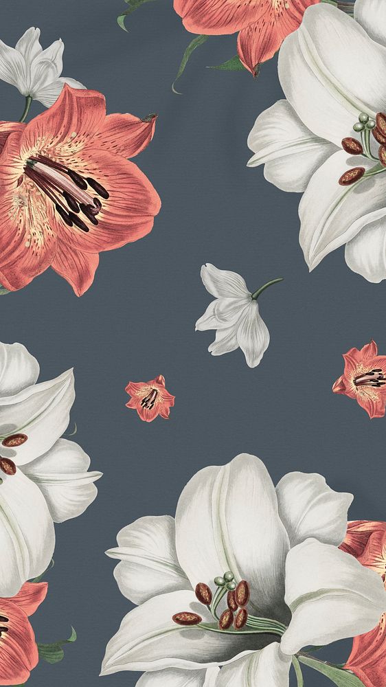 Vintage white and orange lily flower pattern on dark gray background design resource