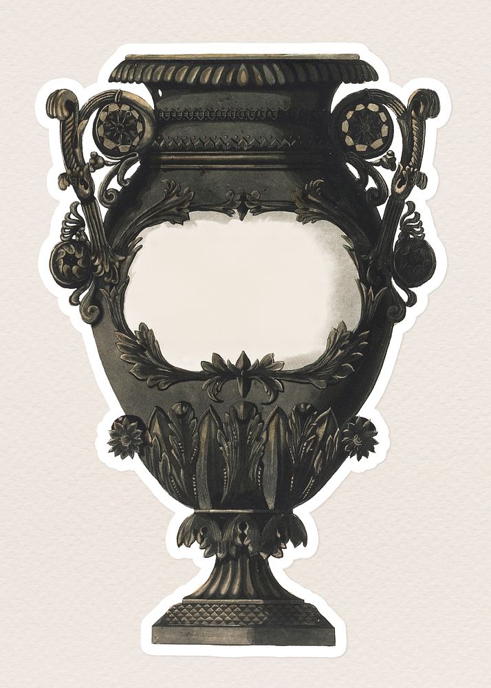 Vintage metal vase sticker with white border