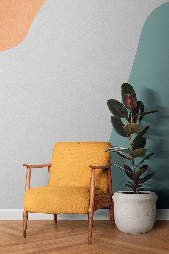Wall mockup, yellow armchair, interior decor, editable design psd