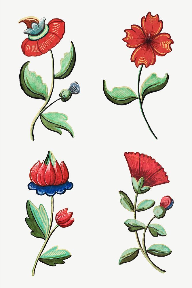 Vintage red flower illustration vector set, featuring public domain artworks