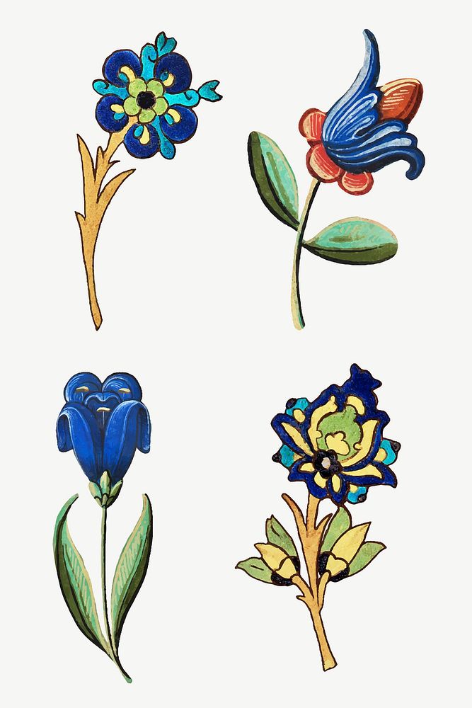 Vintage blue flower illustration vector set, featuring public domain artworks