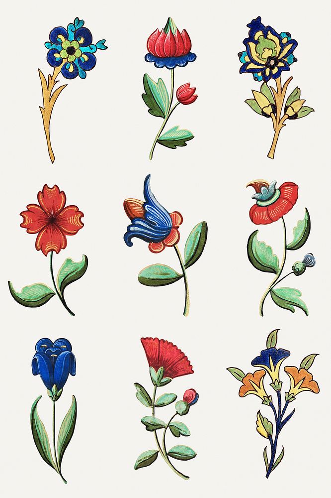 Vintage flower illustration set, featuring public domain artworks