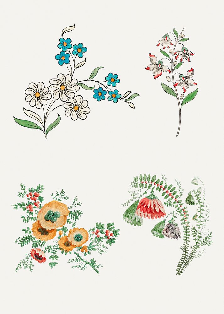 Vintage flower illustration psd set, featuring public domain artworks