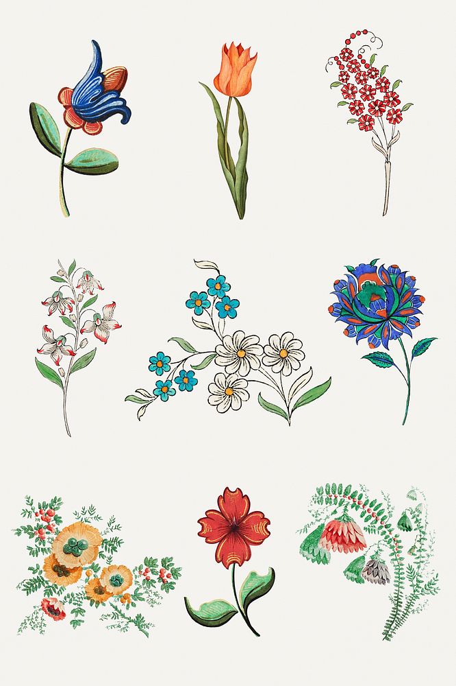 Vintage flower illustration psd set, featuring public domain artworks