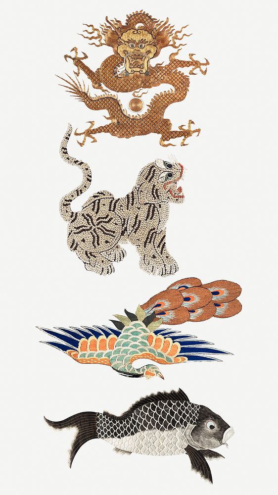 Vintage psd animal embroidery set, featuring public domain artworks