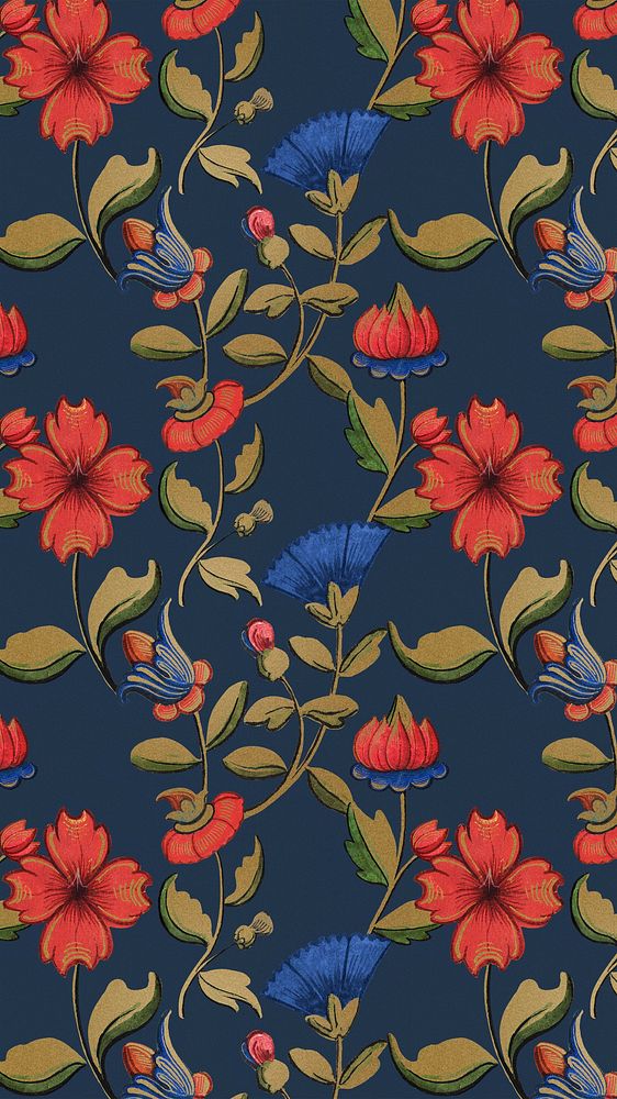 Vintage red and blue floral pattern mobile phone wallpaper, featuring public domain artworks