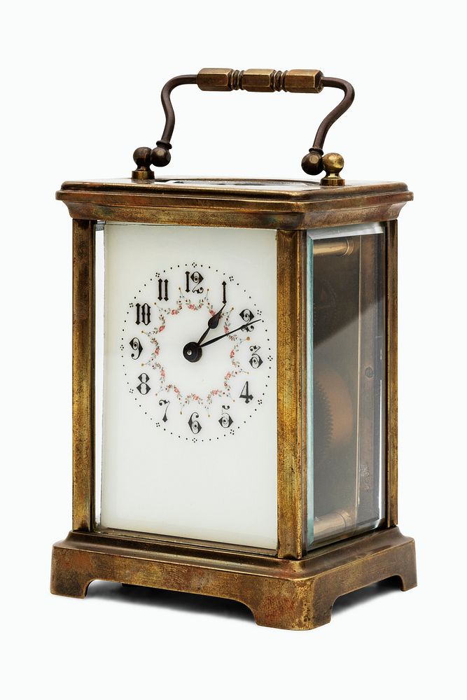 Vintage wooden clock with a handle on a white background
