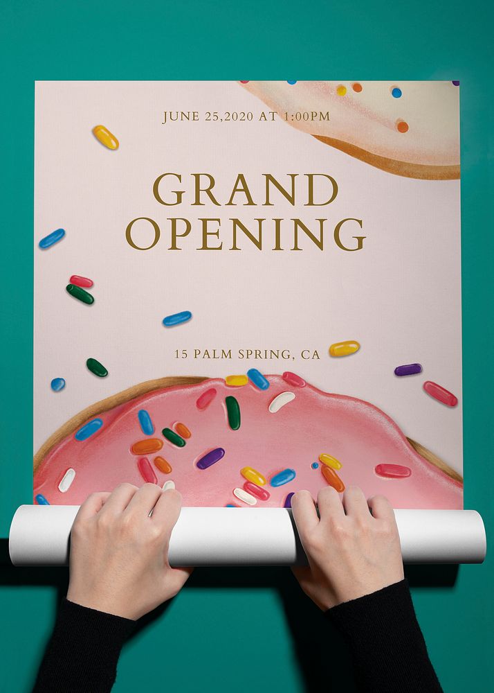 Poster mockup psd, stationery flat lay design, cafe grand opening text