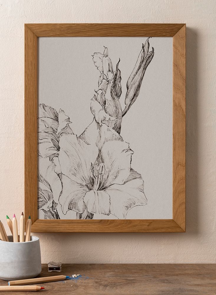 Portrait canvas mockup, wooden frame psd design, abstract flower drawing