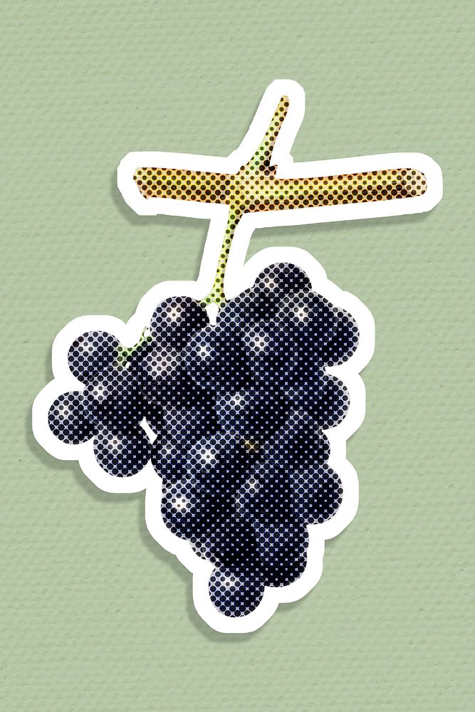 Halftone black grapes sticker with a white border