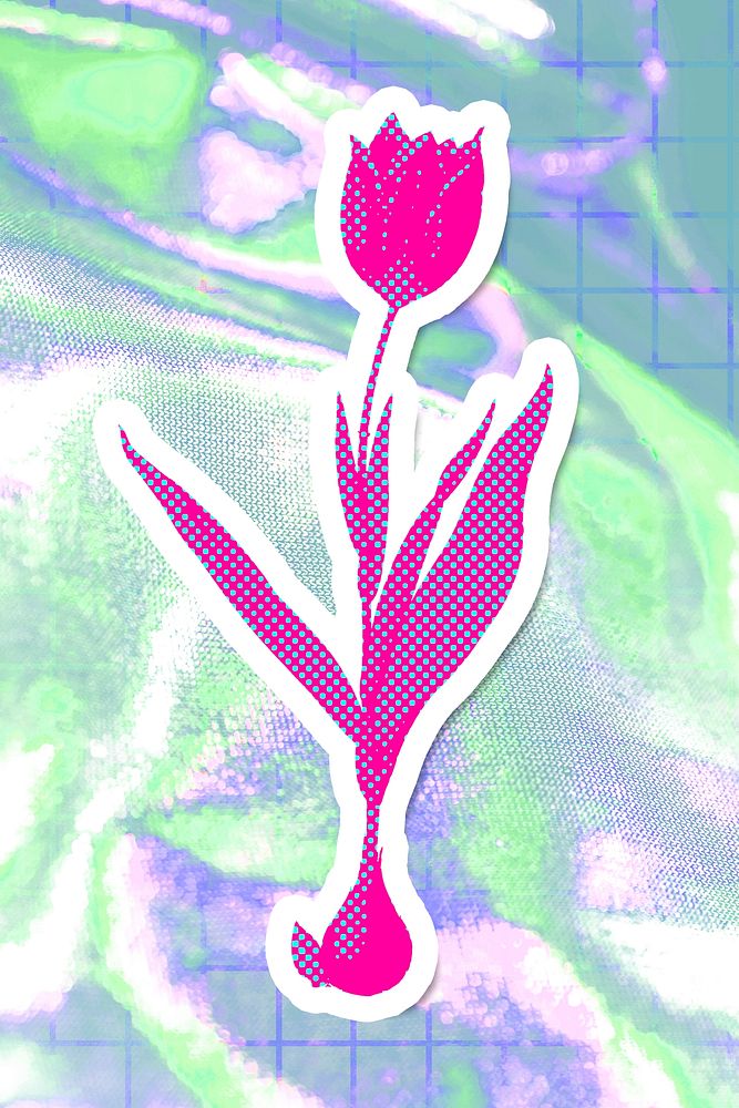 Hand drawn funky tulip flower halftone style sticker with a white border