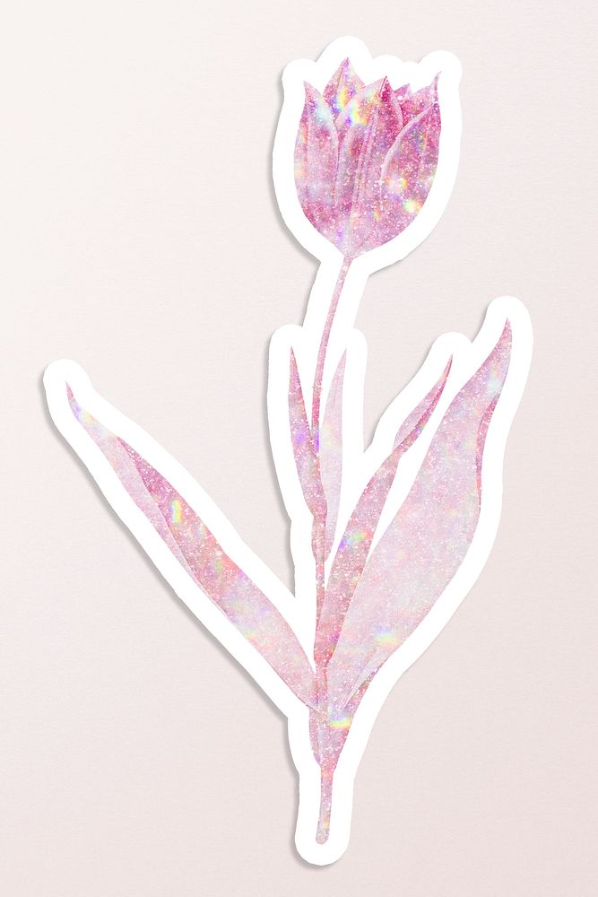 Pink holographic tulip sticker with a white border