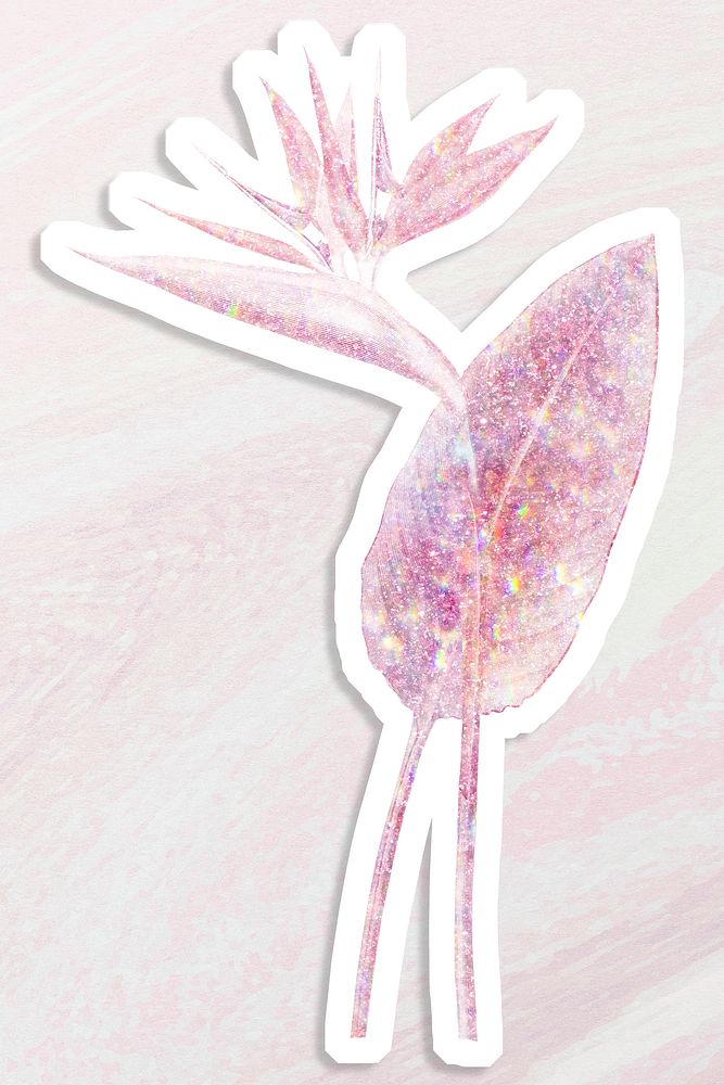 Pink holographic  bird of paradise flower sticker with a white border