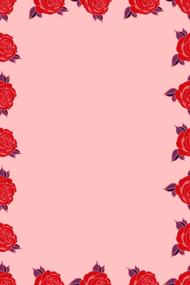 Pop art red rose frame on a pink background