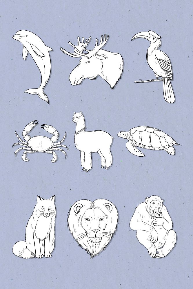 Animal sticker black and white set cartoon illustration