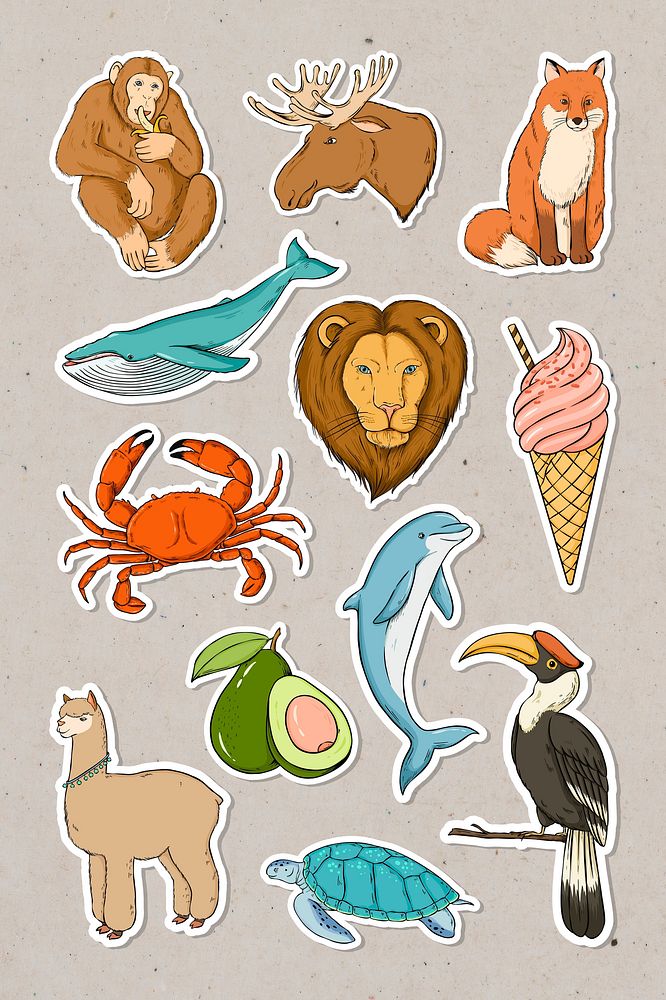 Psd animal vintage colorful sticker collection