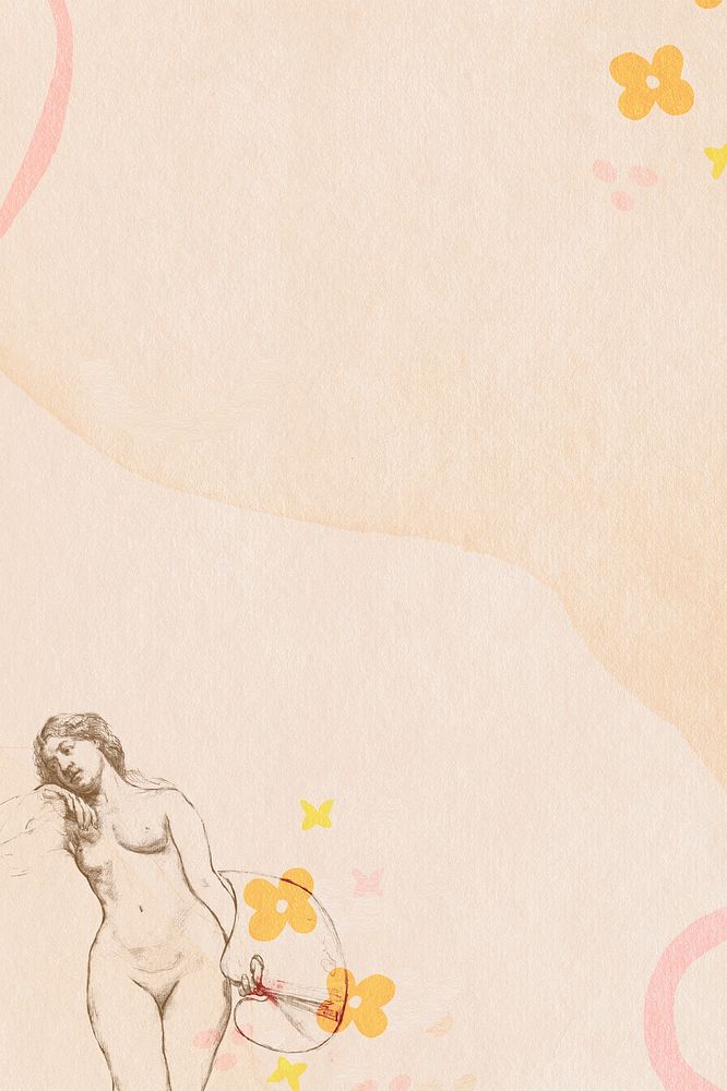 Nude woman drawing on floral background