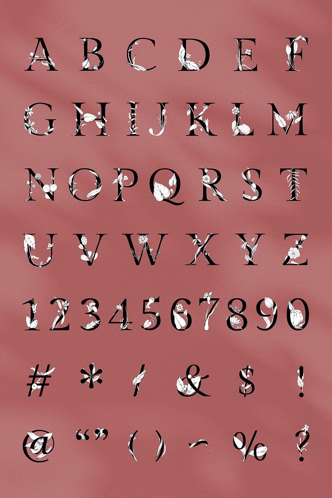 Letter sign 123 set botanical vintage typeface alphabet