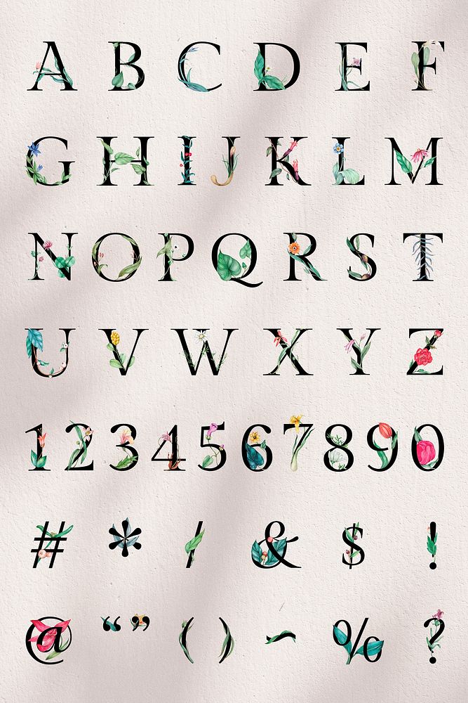 Letter symbol 123 set botanical vintage typography alphabet