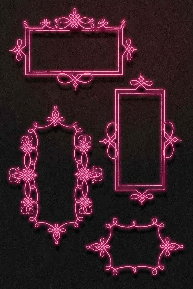 Pink neon filigree frame vector set, remix from The Model Book of Calligraphy Joris Hoefnagel and Georg Bocskay