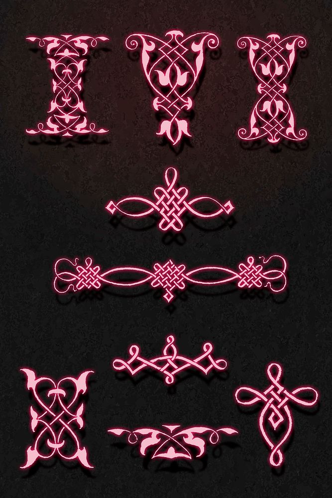 Vector vintage pink neon ornate element set, remix from The Model Book of Calligraphy Joris Hoefnagel and Georg Bocskay