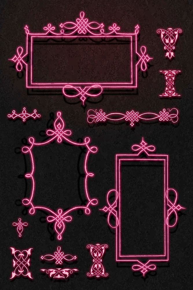 Pink neon filigree frame set vector, remix from The Model Book of Calligraphy Joris Hoefnagel and Georg Bocskay