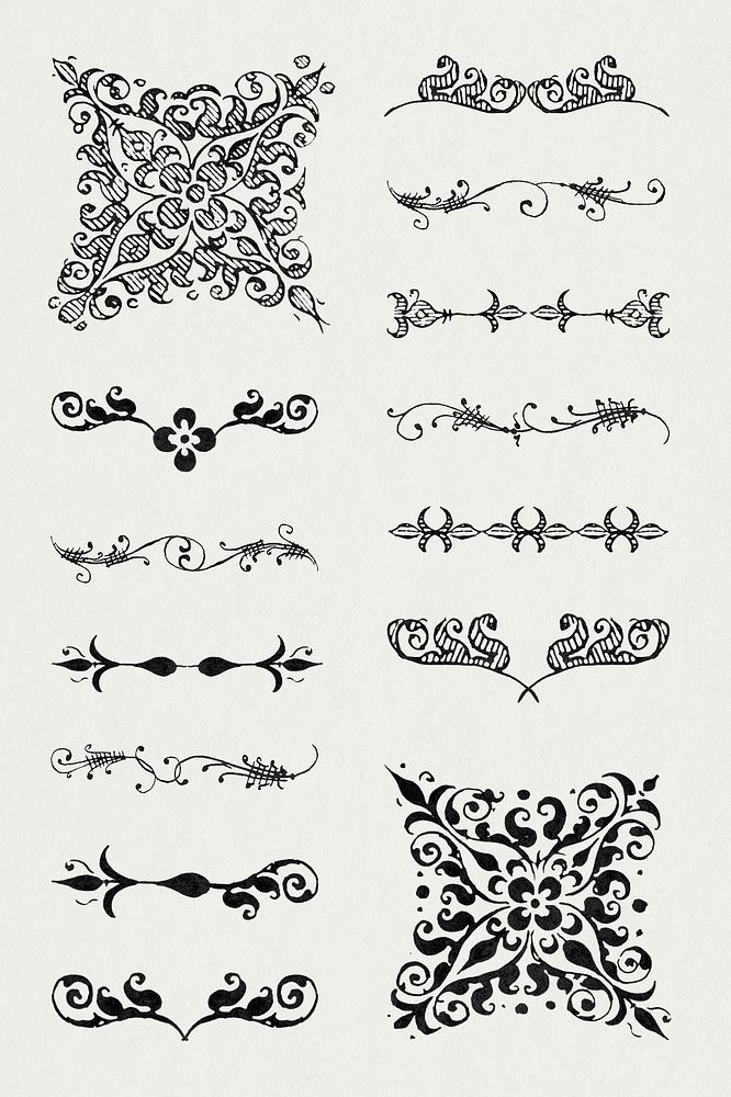 Flourish vintage divider ornamental element psd set, remix from The Model Book of Calligraphy Joris Hoefnagel and Georg…