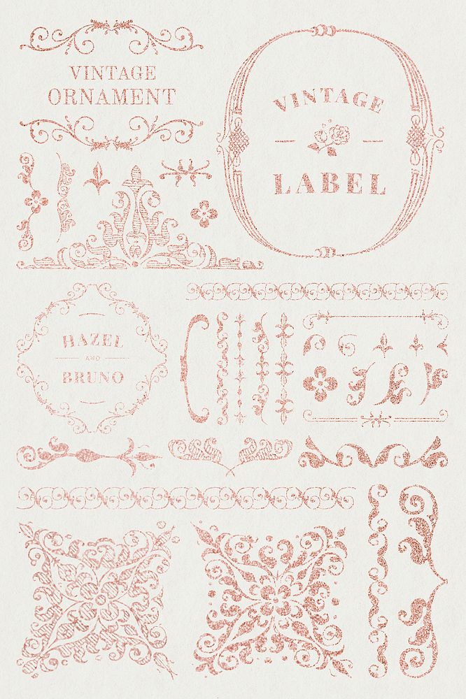 Vintage pink glitter ornamental element set, remix from The Model Book of Calligraphy Joris Hoefnagel and Georg Bocskay