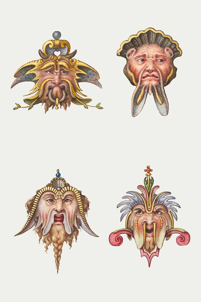 Troll medieval creature set vector, remix from The Model Book of Calligraphy Joris Hoefnagel and Georg Bocskay